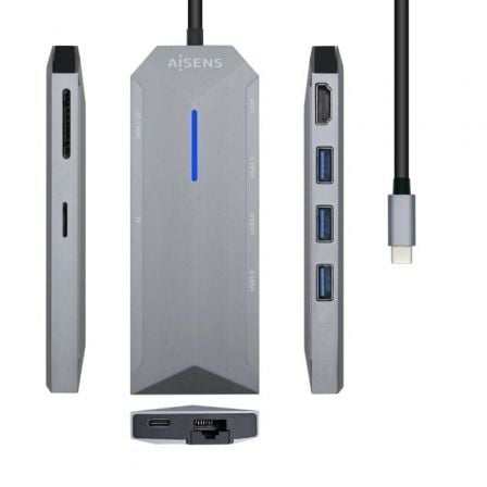 Docking USB Tipo-C Aisens ASUC-8P004-GR/ 1xHDMI/ 3xUSB/ 1xRJ45/ 1xLector Tarjetas / 1xUSB Tipo-C PD/