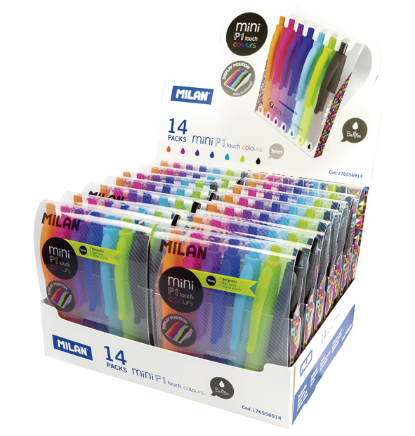 EXPOSITOR 14 CAJAS DE 7 BOLIGRAFOS P1 TOUCH MINI COLORES SURTIDOS MILAN