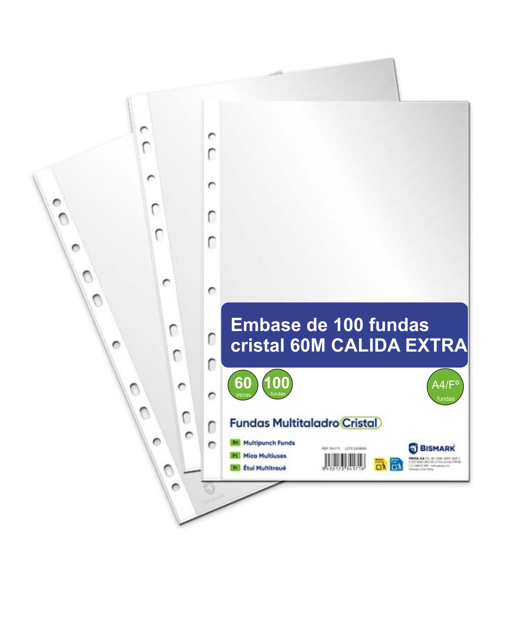 FUNDAS DE PLASTICO MULTITALADRO 16T TAMAÑO A4/FOLIO CAJA DE 100 FUNDAS 60 MICRAS LISAS CALIDAD EXTRA