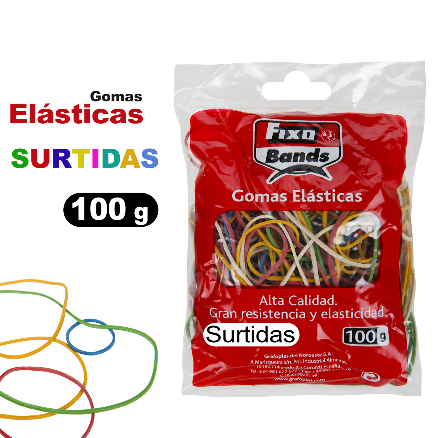 GOMAS ELASTICAS DE COLORES BOLSA 100 GRAMOS TAMAÑOS SURTIDOS GRAFOPLAS REF:00145099