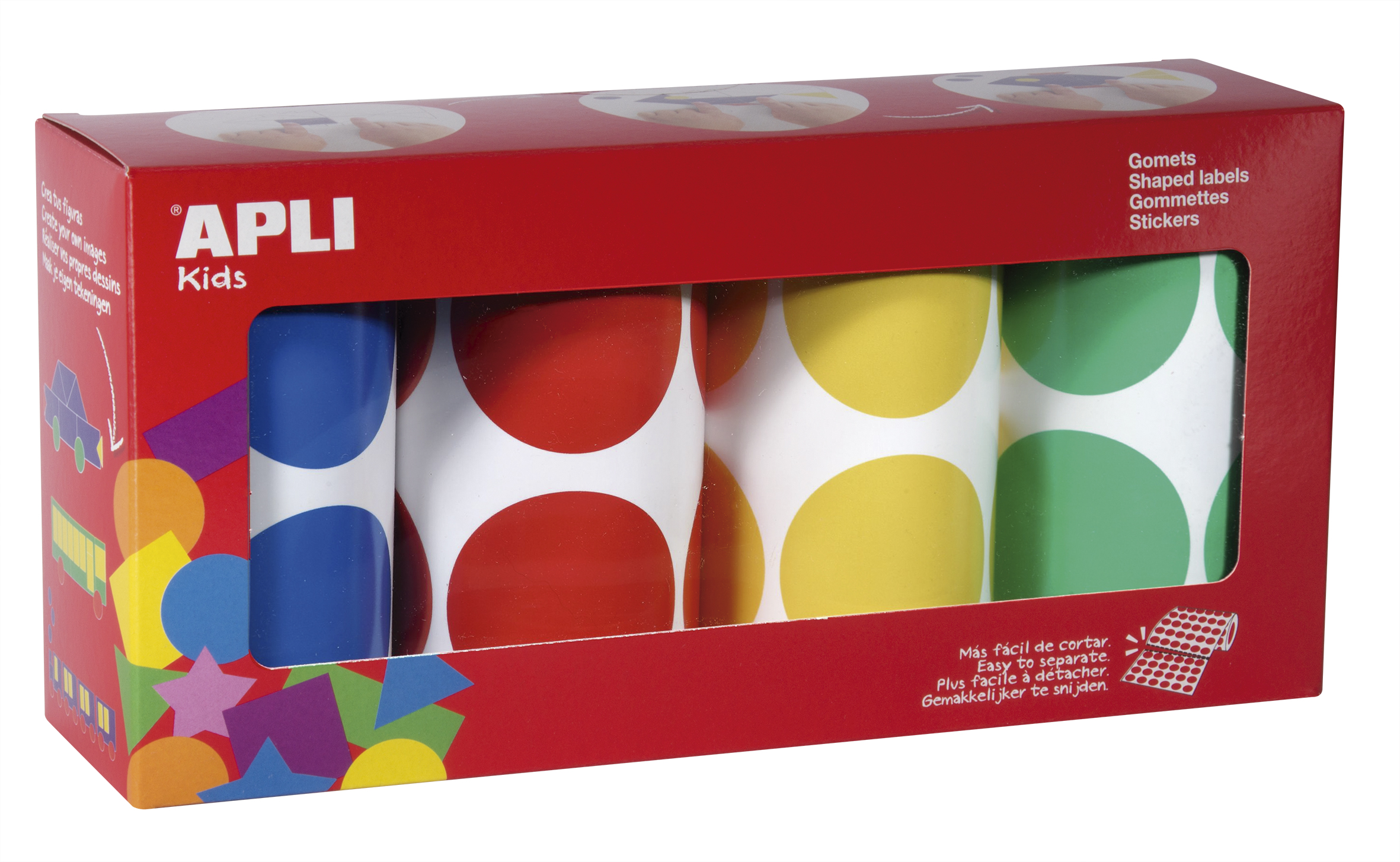 GOMETS CIRCULOS SURTIDOS ****XXL DE 45MM**** PACK DE 4 ROLLOS AZUL - ROJO - AMARILLO - VERDE APLI REF: 17634