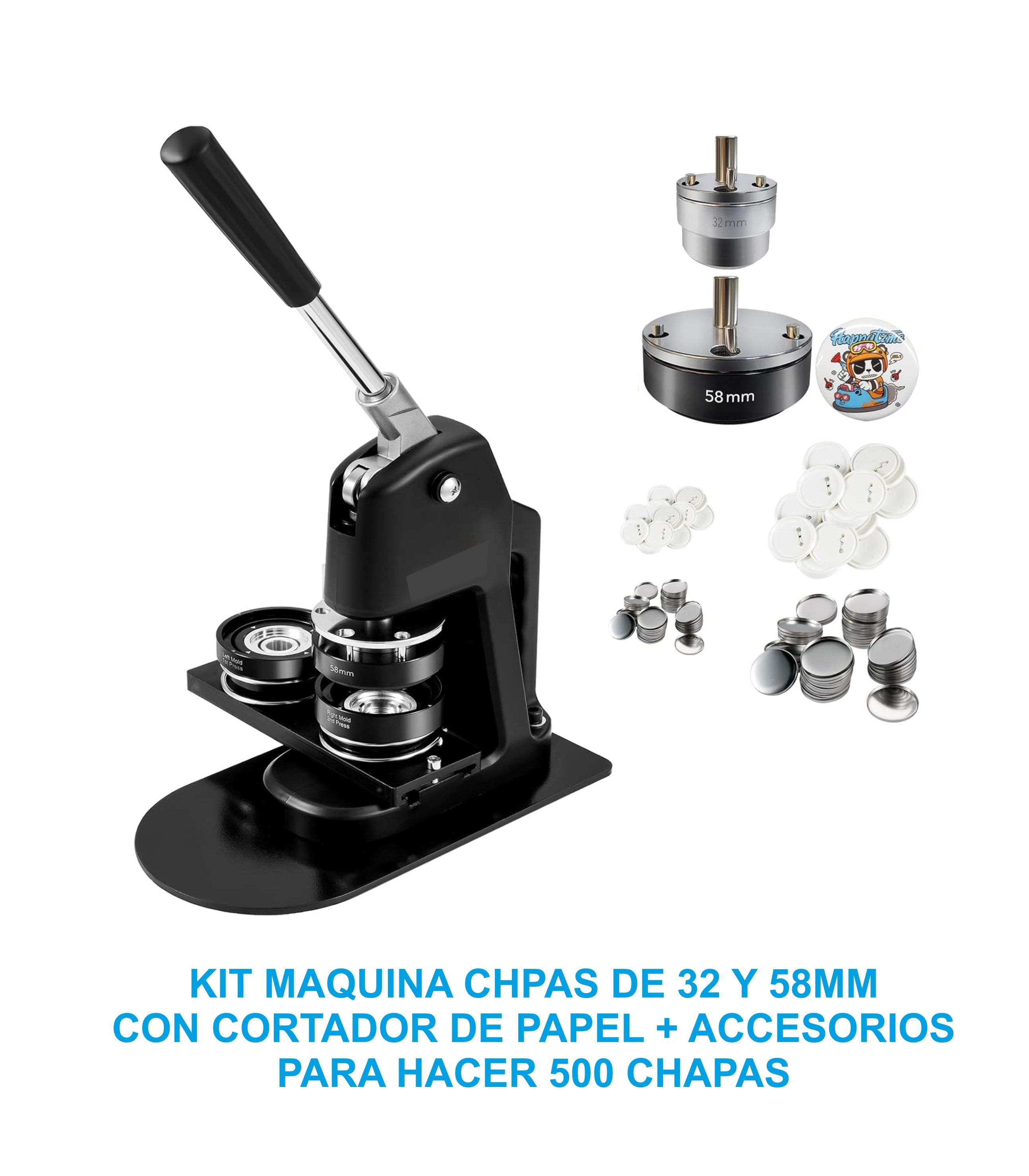 KIT MAQUINA DE CHASPAS DE 32 Y 58MM COMPUESTO DE: MAQUINA CHAPAS 32 Y 59MM + 500 CHAPAS DE ALFILER + CORTADOR DE PAPEL