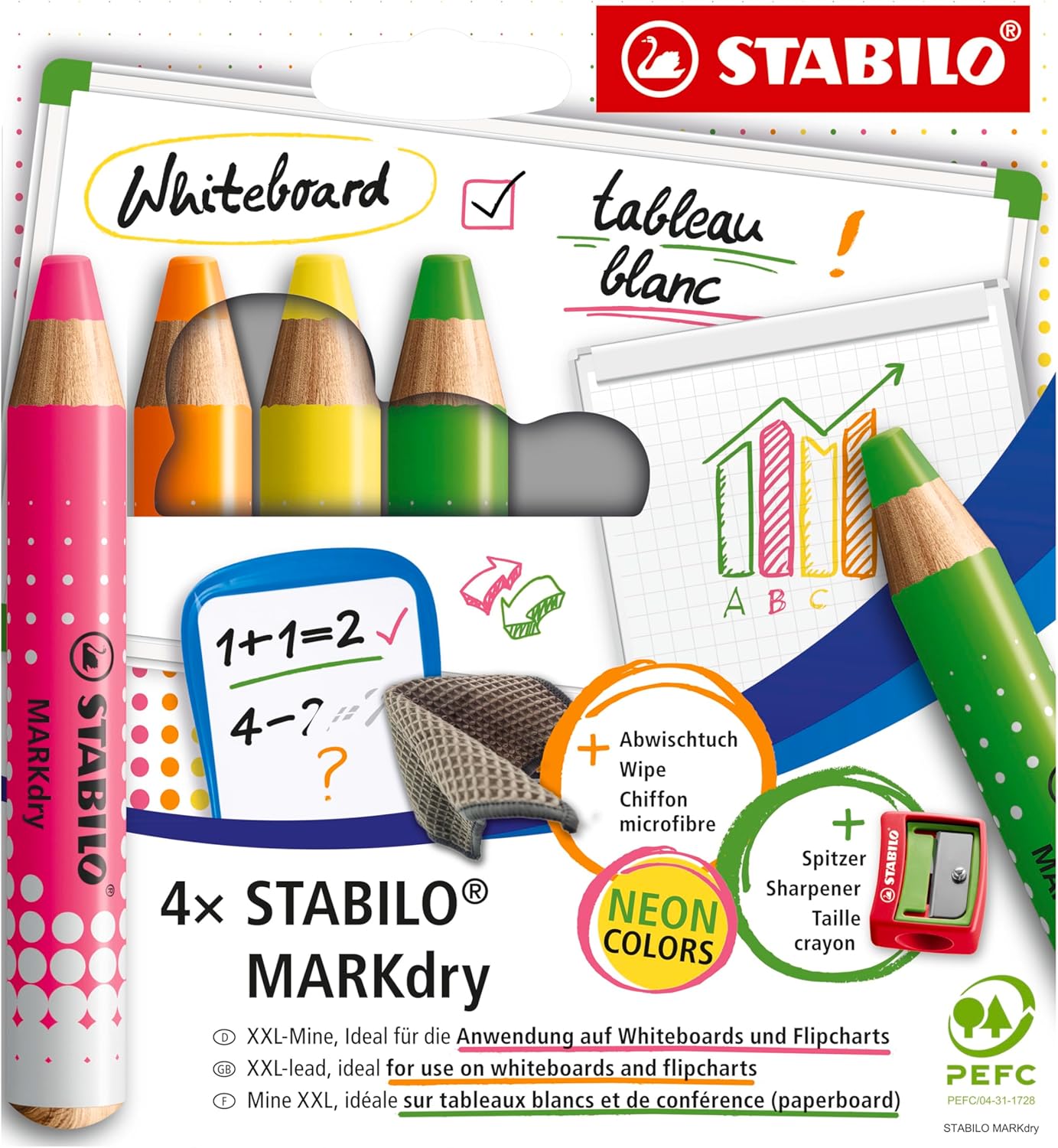 LAPIZ MARCADOR EN SECO STABILO MARKDRY PARA PIZARRA BLANCA ***PACK 4 COLORES NEON*** REF: 648/4-01