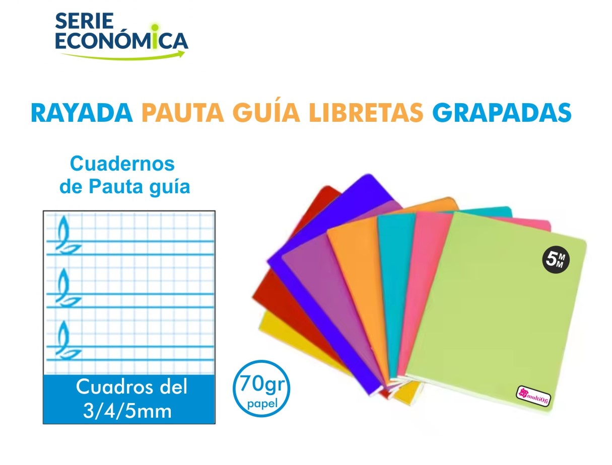 LIBRETA GRAPADA CUARTO A5  TAPA CARTON 30 HOJAS PAPEL 70 GRAMOS ***PAUTA GUIA 5MM***