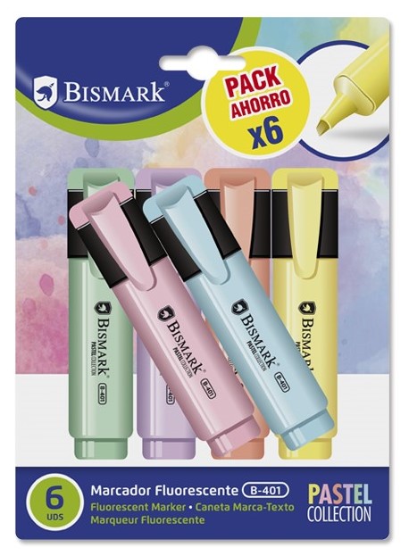 MARCADORES FLUORESCENTE COLORES PASTEL PACK DE 6 COLORES BISKMARK REF: 327742