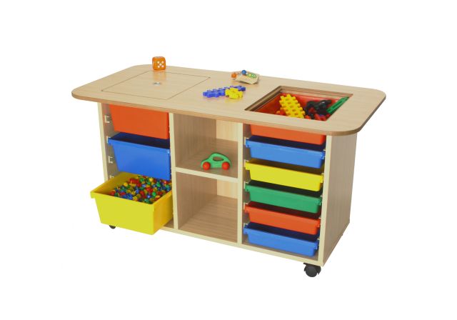 MESA MULTIACTIVIDADES **ALTURA 65CM** 2 HUECOS HAYA 120X65X60CM **CUBETAS INCLUIDAS**