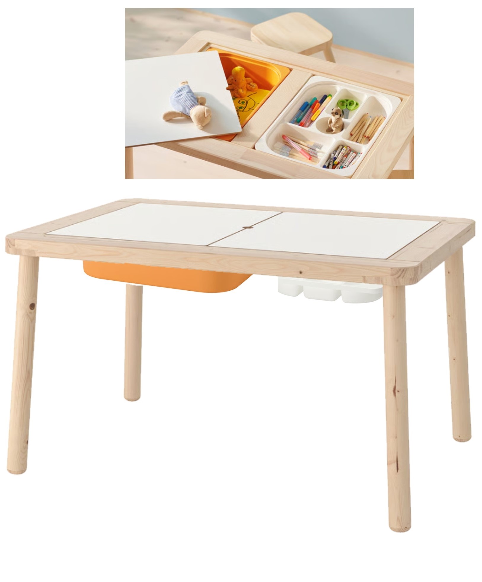 MESA SENSORIAL MONTESSORI DE MADERA CON DOS BANDEJAS Y TAPA DE MESA MOVIBLE DE 84X58CM Y ALTURA DE49CM