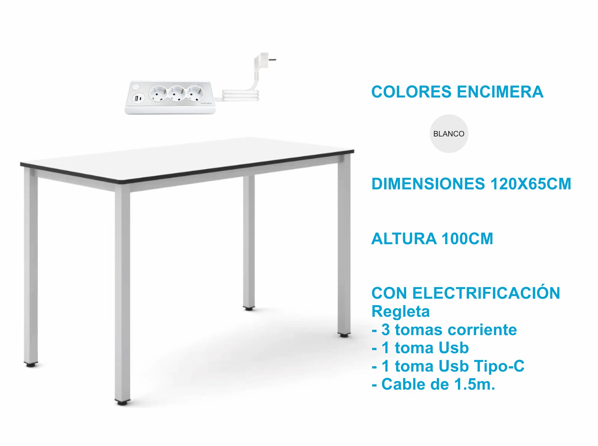 MESA TECNOLOGIA / LABORATORIO DE 120X65CM ALTURA 100CM **CON REGLETA 3 ENCHUFES CORRIENTE + 1 USB + 1 USB TIPO C**