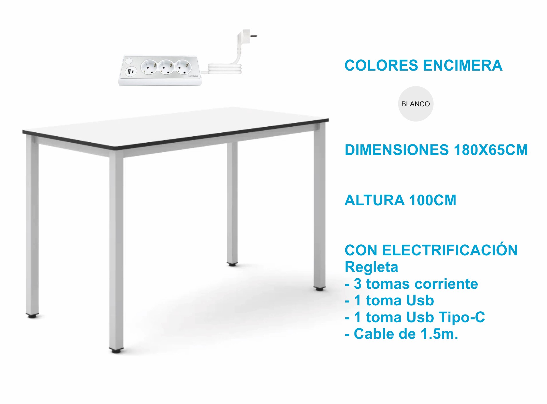 MESA TECNOLOGIA / LABORATORIO DE 180X65CM ALTURA 100CM **CON REGLETA 3 ENCHUFES CORRIENTE + 1 USB + 1 USB TIPO C**