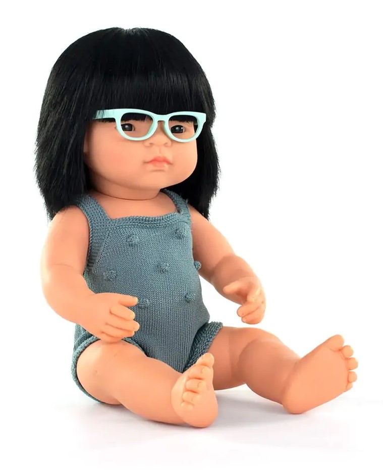 MUÑECO 38CM  NIÑA ***CON GAFAS*** CON ROPA GRIS  MINILAND REF. 31281