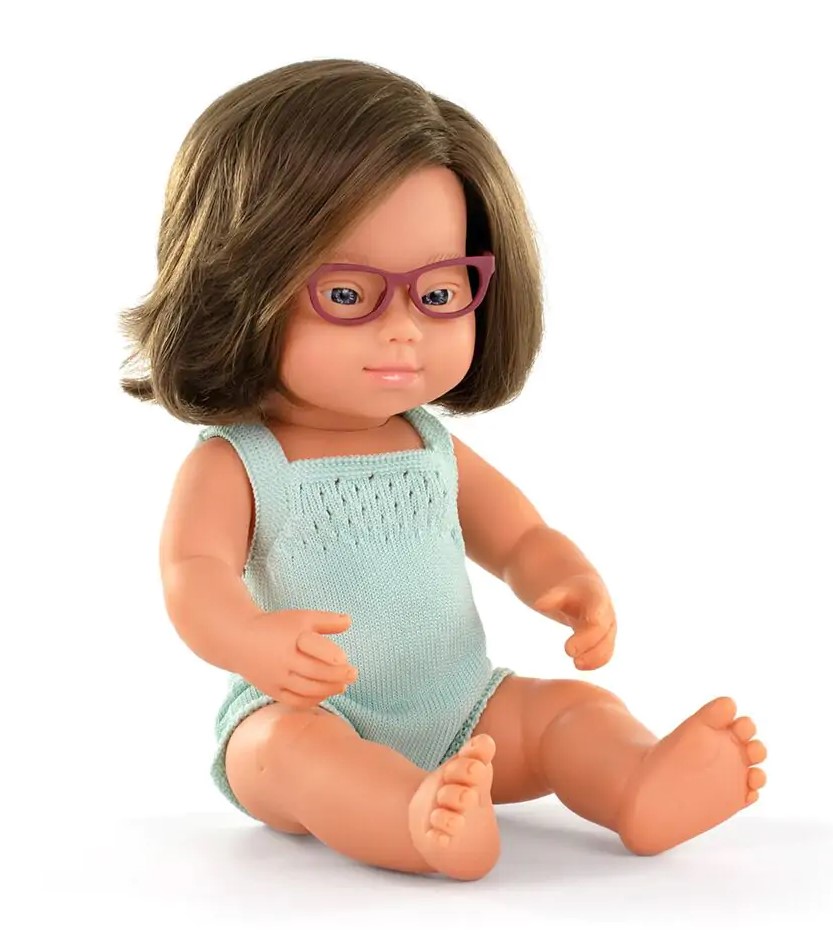 MUÑECO 38CM  NIÑA ***SINDROME DOWN Y GAFAS*** CON ROPA TURQUESA  MINILAND REF. 31282