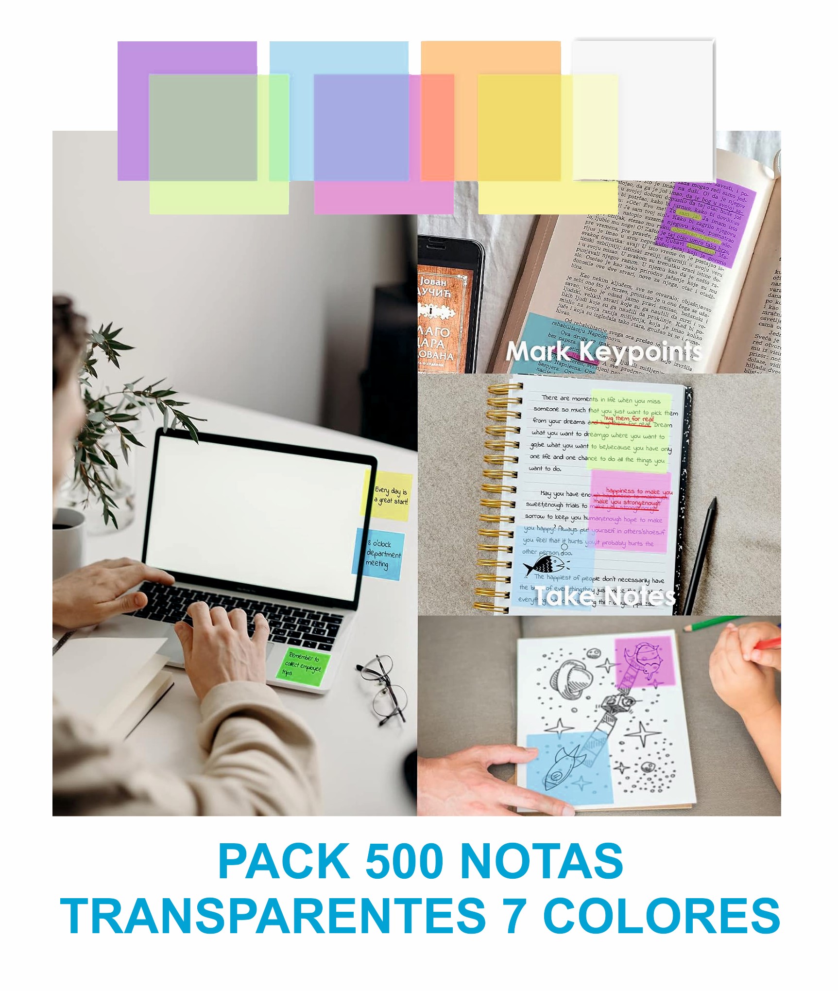 NOTAS AUTOADHESIVAS TRANSPARENTES REUTILIZABLES DE 75X75CM ***TACO 500 HOJAS ***EN 7 COLORES***