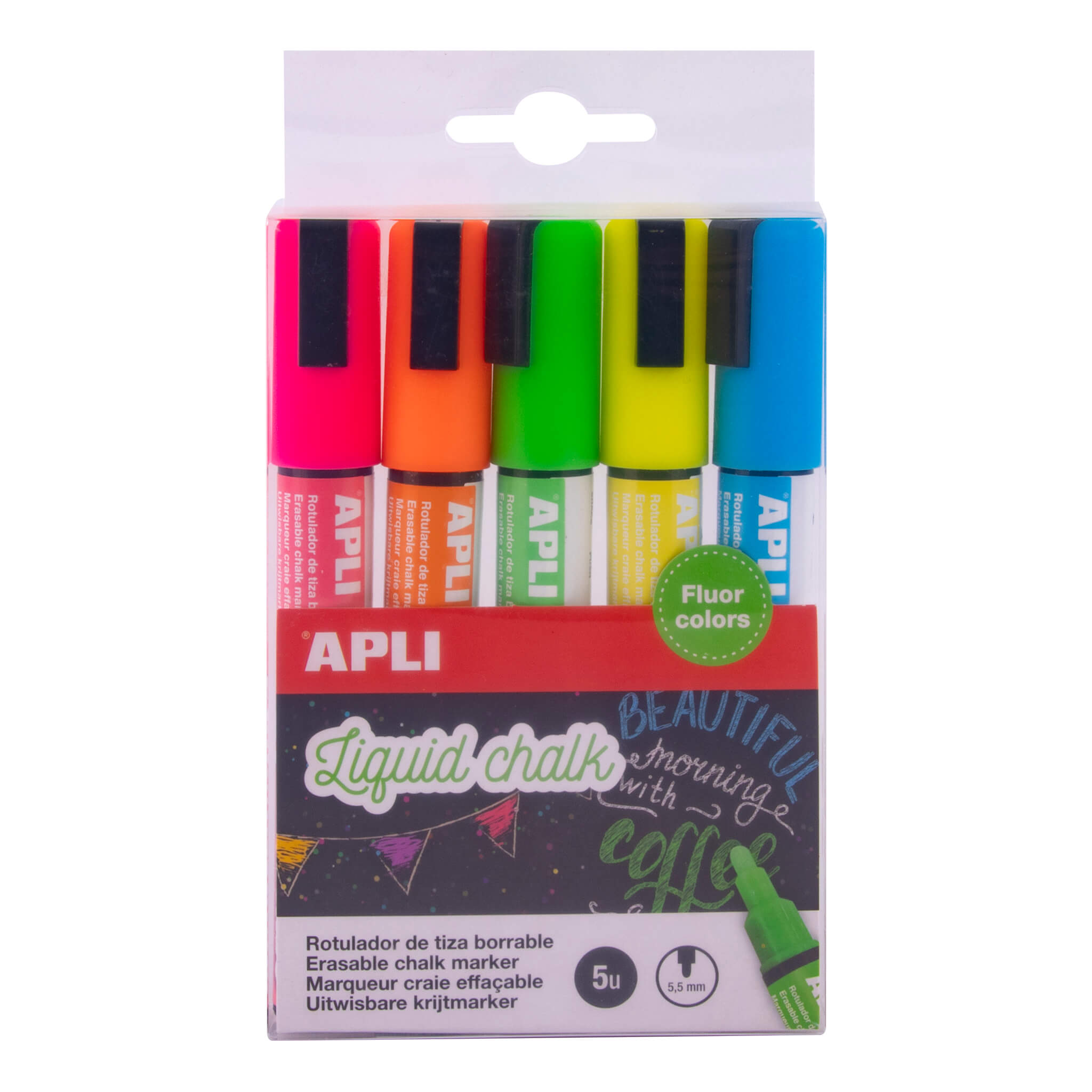 PACK 5 ROTULADORES PIZARRA DE PUNTA 5.5MM COLORES SURTIDOS APLI REF: 13959