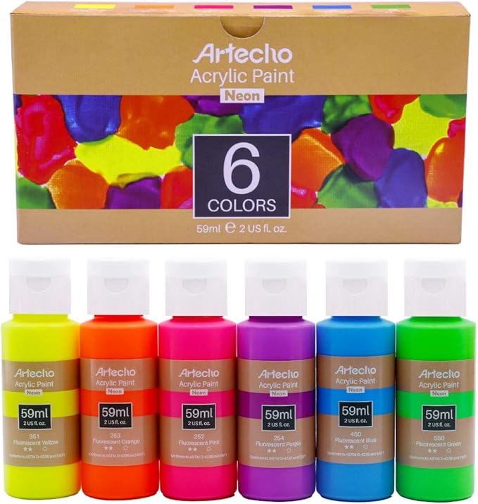 PACK 6 PINTURAS ACRILICAS NEON DE 59ML ***FLUORESCENTES BAJO LA LUZ UV***