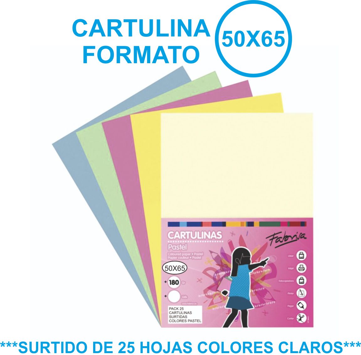 PACK CARTULINA 50X65CM COLORES CLAROS PACK DE 25 UNIDADES REF: 17035