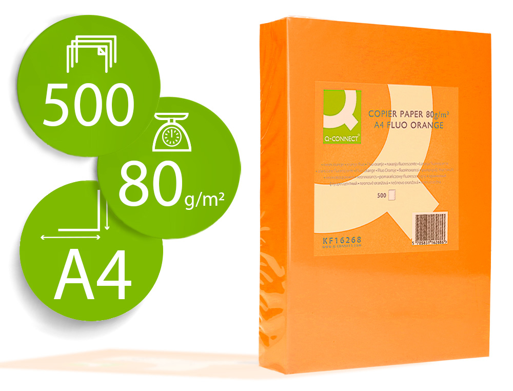 PAPEL COLOR A4 FLUORESCENTE NARANJA NEON 500 HOJAS 80GRAMOS