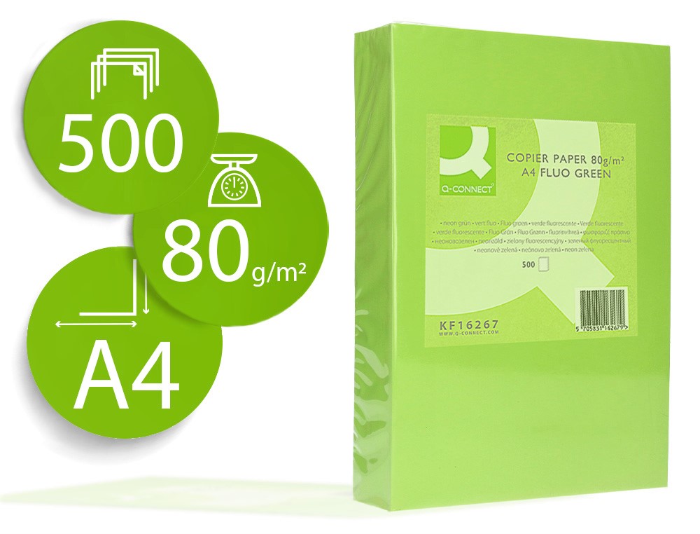 PAPEL COLOR A4 FLUORESCENTE VERDE NEON 500 HOJAS 80GRAMOS