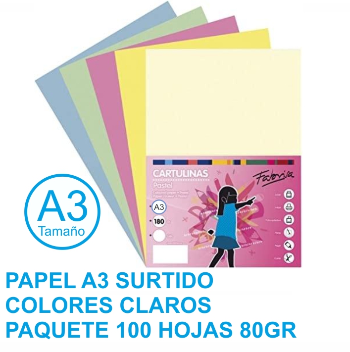 PAPEL COLORES ***A3 SURTIDOS COLORES CLAROS*** PAQUETE 100 HOJAS REF: 16248