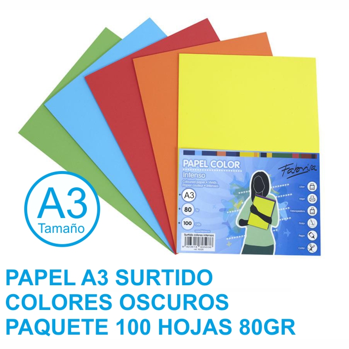 PAPEL COLORES ***A3 SURTIDOS COLORES OSCUROS*** PAQUETE 100 HOJAS REF: 16249