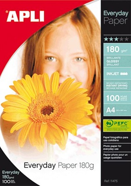 PAPEL FOTOGRAFICO A4 BRILLO 180 G. 100UDS APLI REF. 11475