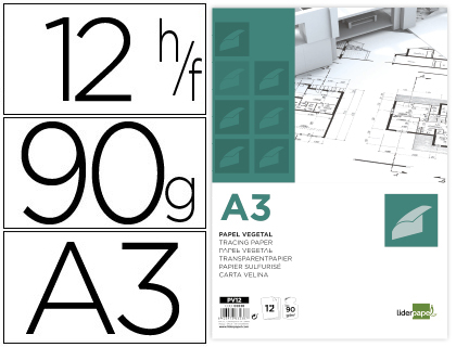 PAPEL VEGETAL LIDERPAPEL A3  DE 297X420MM 90 GRAMOS SOBRE DE 12 HOJAS