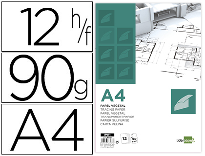 PAPEL VEGETAL LIDERPAPEL A4  DE 210X297MM 90 GRAMOS SOBRE DE 12 HOJAS