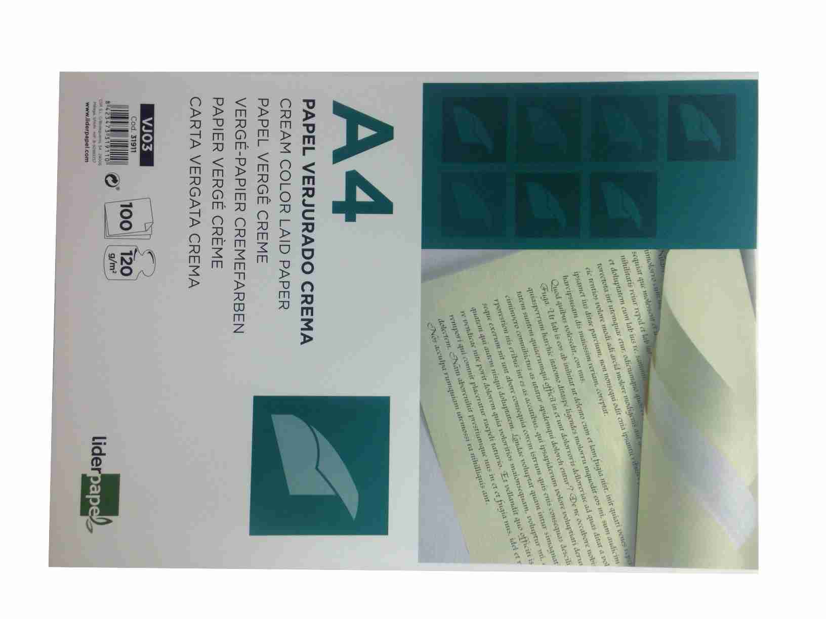 PAPEL VERJURADO 120GR 100 HOJAS CREMA LIDERPAPEL REF. 31911