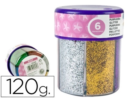 PURPURINA COLORES METALICOS AZUL, ORO, PLATA, ROJO, VERDE Y VIOLETA DISPENSADOR DE 120 GRAMOS