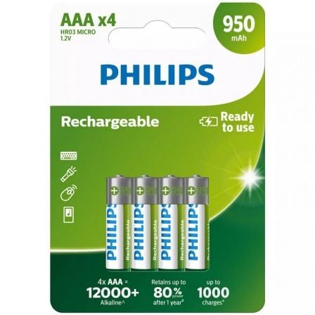 Pack de 4 Pilas AAA Philips R03B4A95/10/ 1.2V/ Recargables