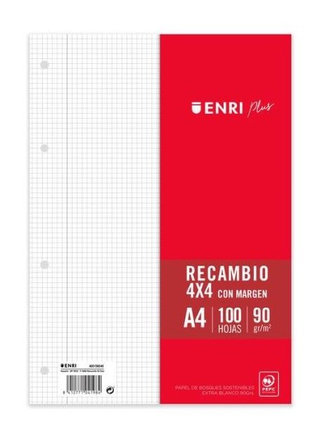 RECAMBIO A4 CUADRICULA PAPEL 90 GRAMOS EXTRA  TAURO ENRI 100 HOJAS 4 TALADROS REF: C515-A490 / 400158540