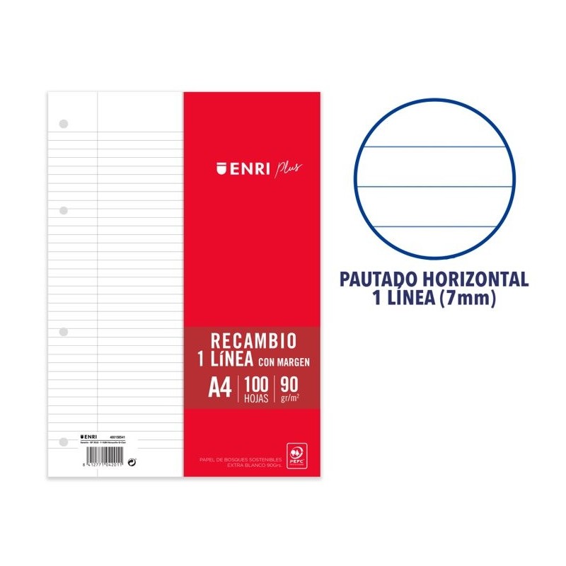 RECAMBIO A4 HORIZONTAL PAPEL 90 GRAMOS EXTRA 100 HOJAS 4 TALADROS TAURO REF: C516-4-90