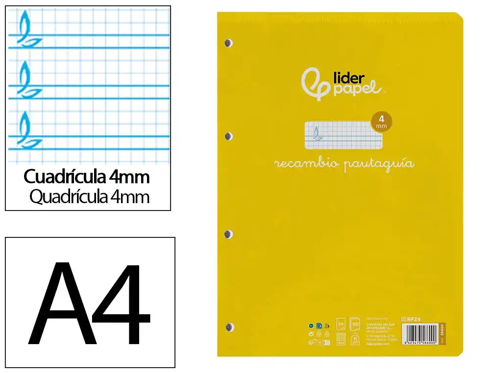 RECAMBIO ANILLAS A4 FOLIO ***PAUTAGUIA 4MM*** 100 HOJAS PAEL 75GR
