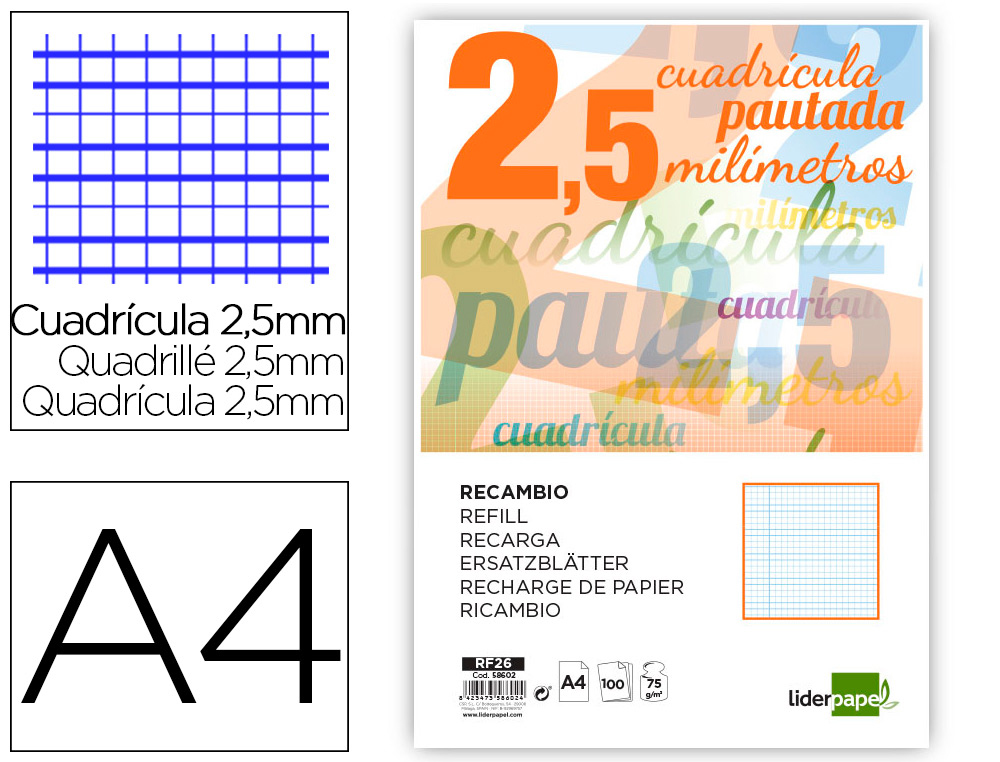 RECAMBIO LIDERPAPEL FOLIO PAUTAGUIA 100 HOJAS CUADRICULADO ***PAUTADO 2.5MM LAMELA*** REF: 58602
