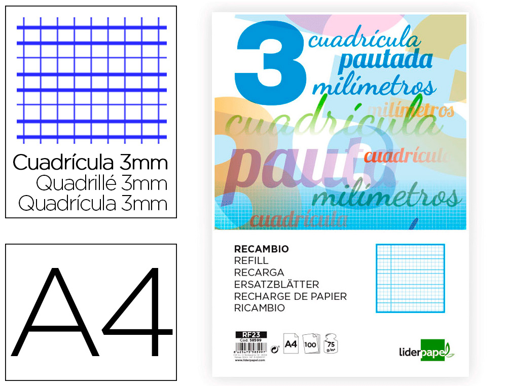 RECAMBIO LIDERPAPEL FOLIO PAUTAGUIA 100 HOJAS CUADRICULADO ***PAUTADO 3MM LAMELA*** REF: 58599