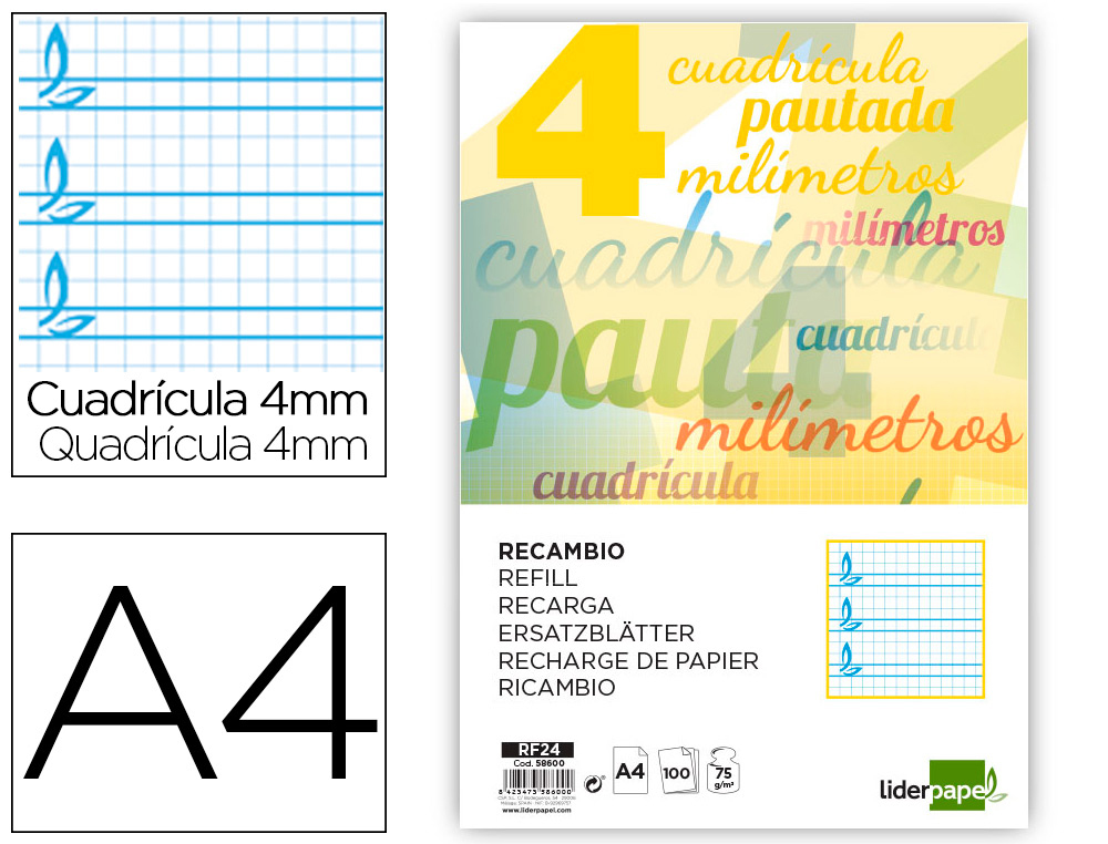 RECAMBIO LIDERPAPEL FOLIO PAUTAGUIA 100 HOJAS CUADRICULADO ***PAUTADO 4MM LAMELA*** REF: 58600