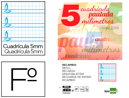 RECAMBIO LIDERPAPEL FOLIO PAUTAGUIA 100 HOJAS CUADRICULADO ***PAUTADO 5MM LAMELA*** REF: 58601