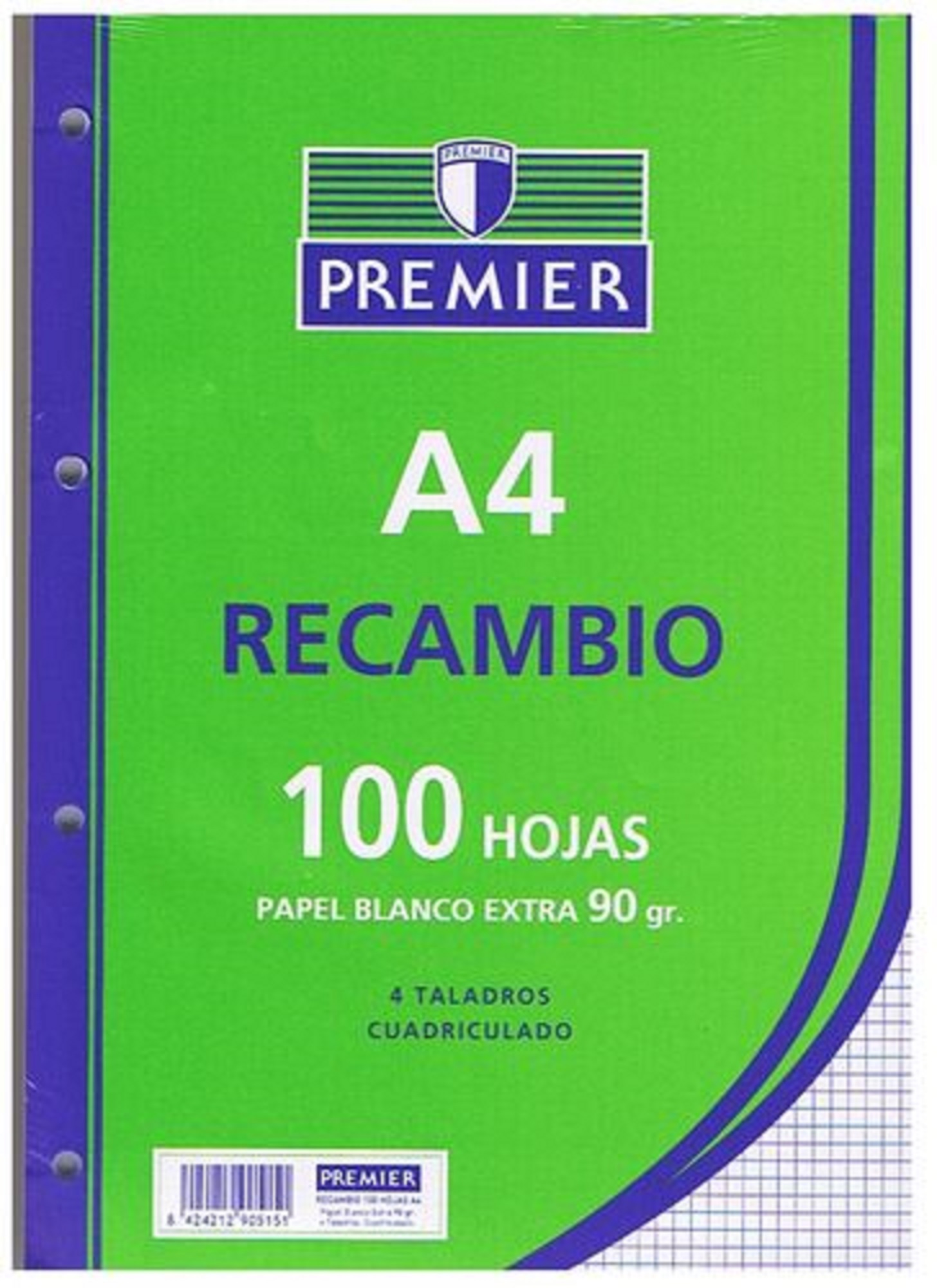 RECAMBIO TAURO EXTRA MILIMETRADO PAPEL 90 GRAMOS FORMATO A4 100 HOJAS 4 TALADROS REF: C519-A4-90