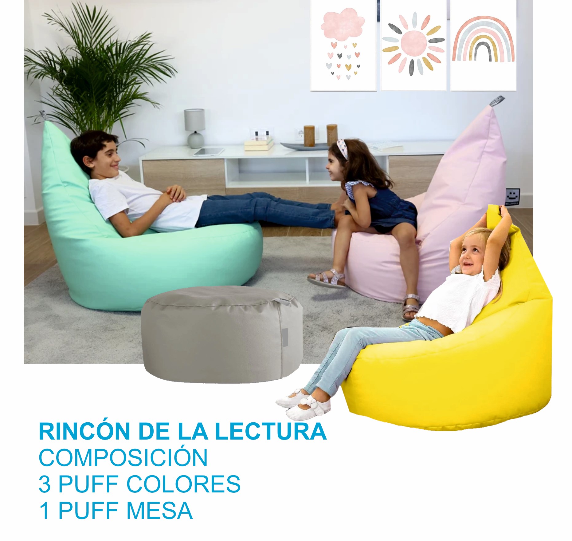 RINCON DE LA LECTURA COMPOSICION: 3 PUFF COLORES + MESA PUFF SUELO REF:455856