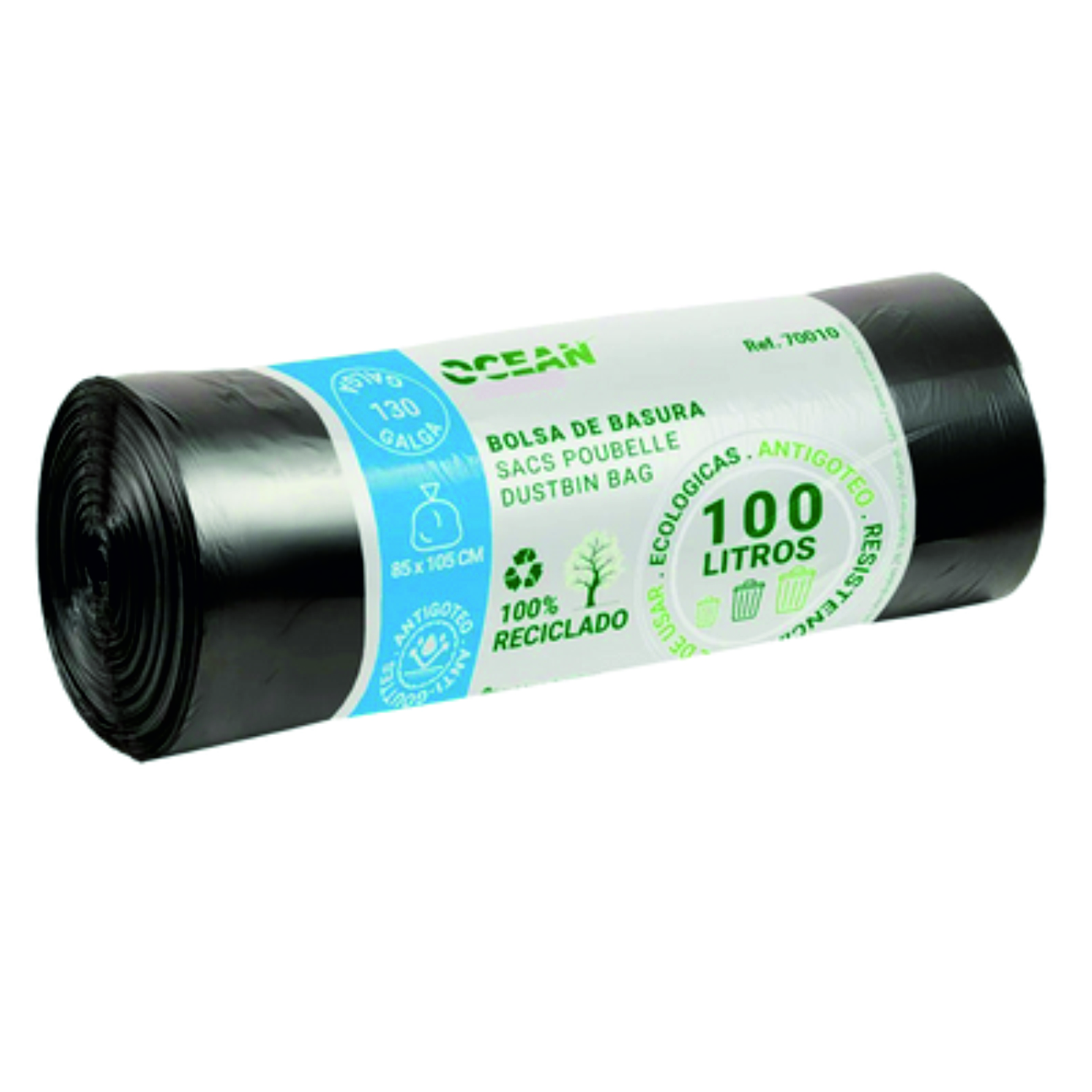 ROLLO 10 BOLSA DE BASURA INDUSTRIAL DE 85x105CM DE 100 LITROS COLOR NEGRO DE 130 GALGAS