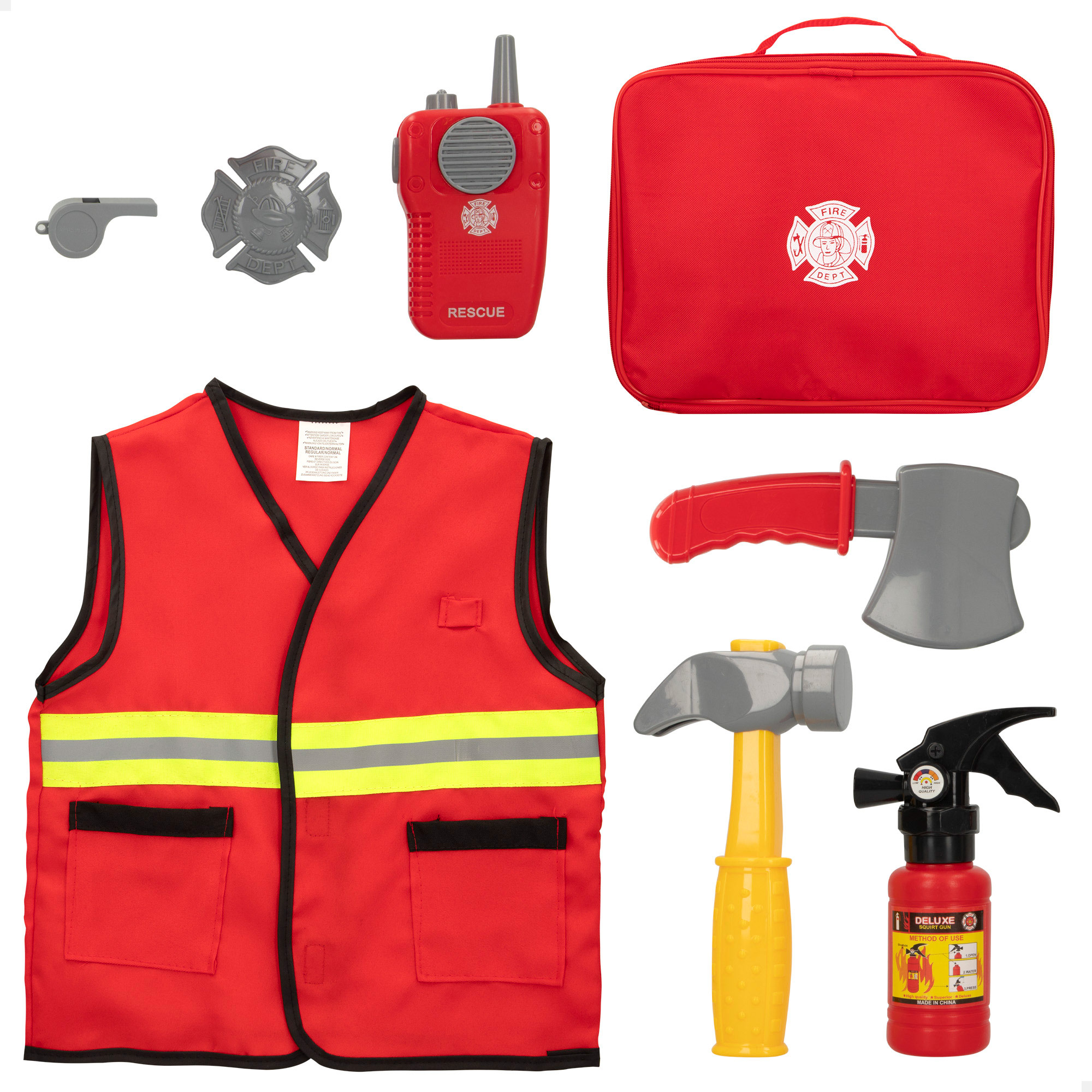 SET DE BOMBERO Y MALETIN PARA GURADAR UTENSILIOS DE 25X25X6CM