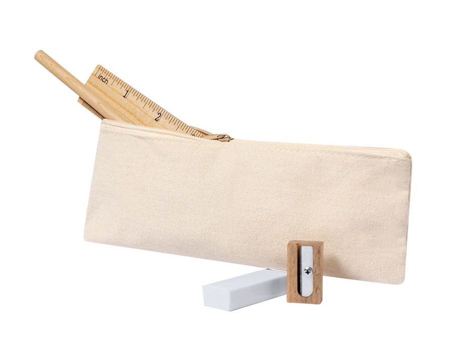 SET ESTUCHE PORTATODO ALGODON CON CIERRE DE CREMALLERA + LAPIZ + REGLA 15CM + GOMA BORRAR + SACAPUNTAS