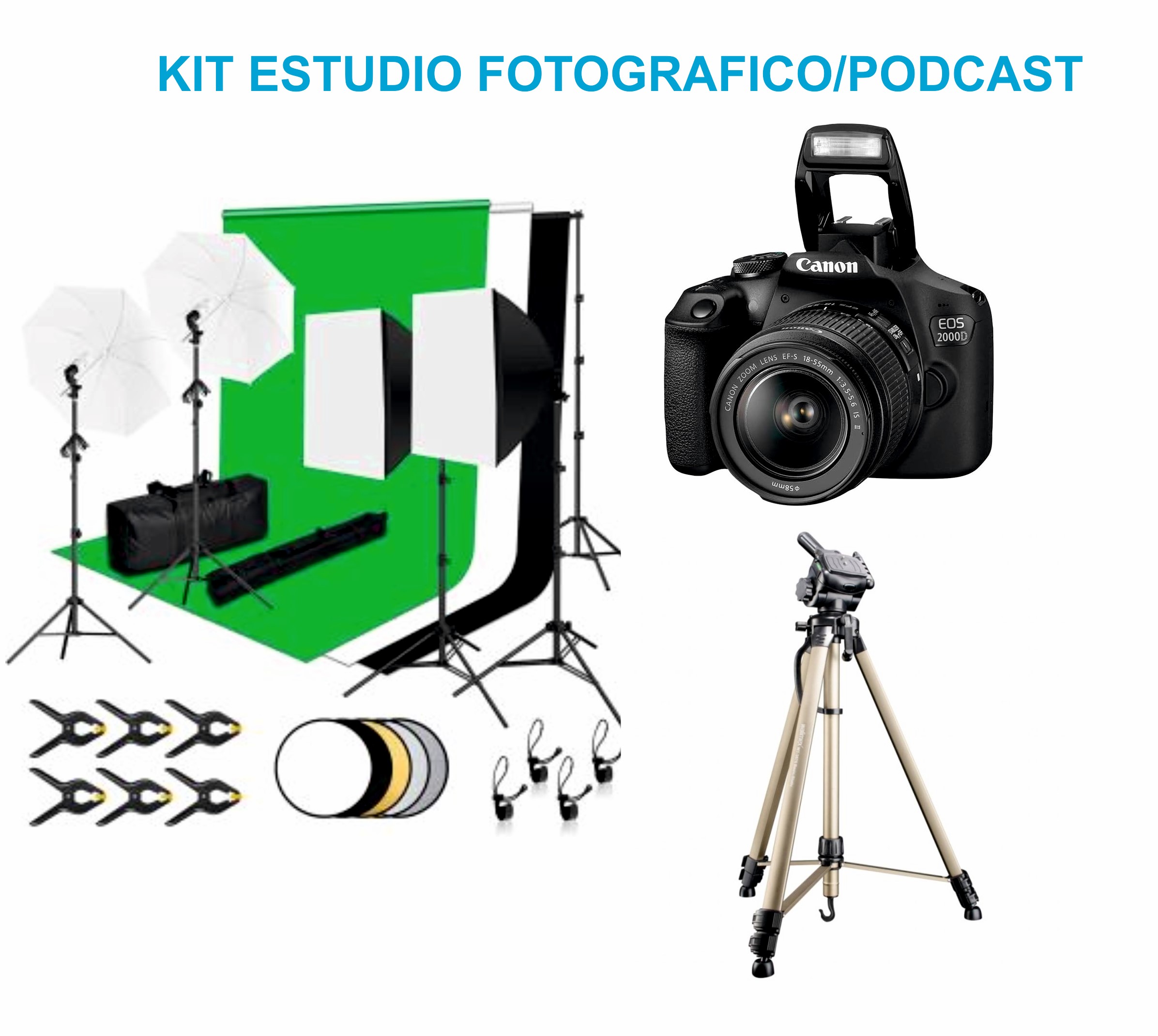 SET ESTUDIO * CHROMA DE 2.6X3M CON SOPORTES + KIT ILUMINACION SOFTBOX 800W + TRIPODE UNIVERSAL + CAMARA CANON EOS 18MP DIGITAL*