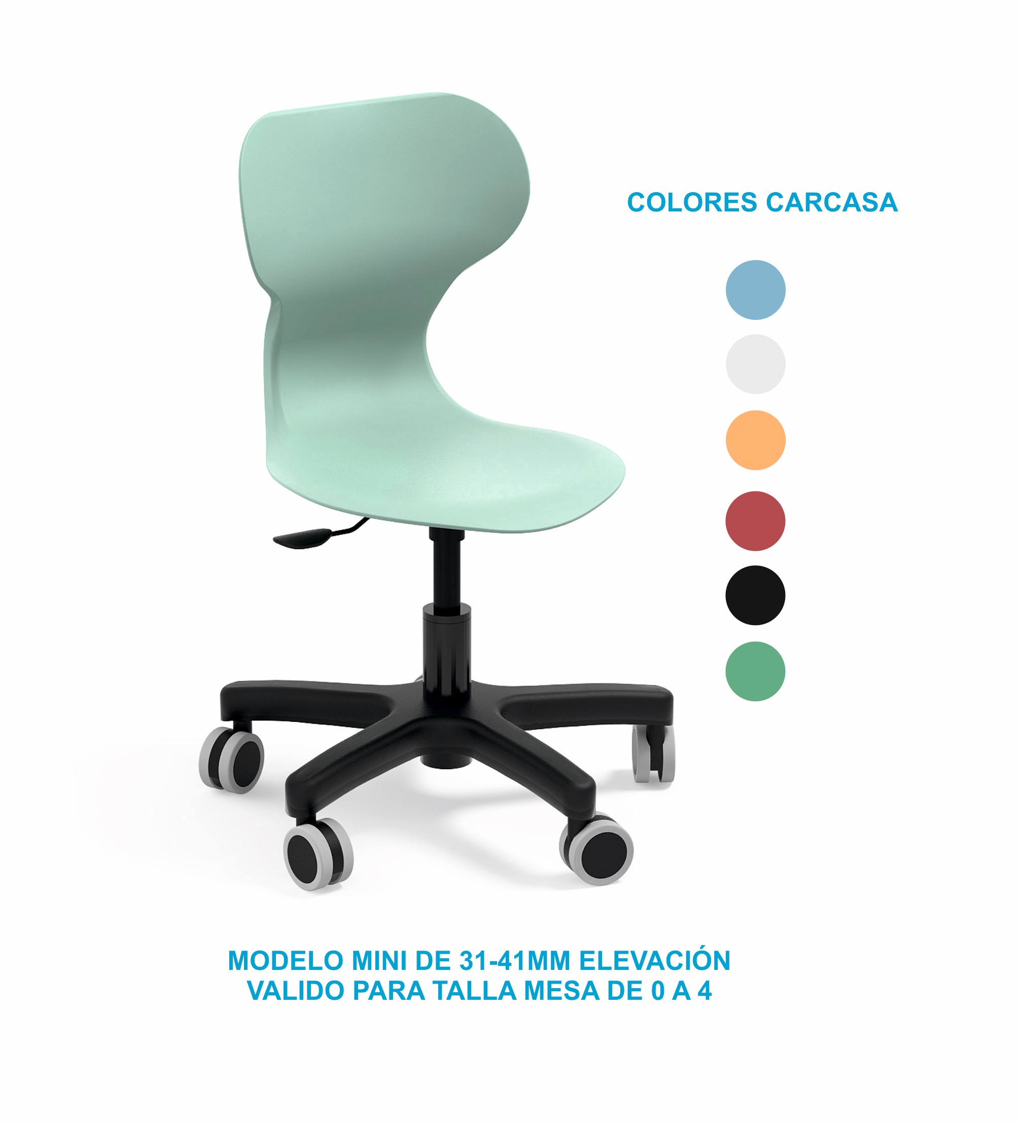 SILLA ***MIA MINI LIFT PLASTICO, PISTON GAS Y BASE CON RUEDAS ***ALTURA ASIENTO 31-41CM MINI*** VALIDA TALLA MESA DE 0 A 4