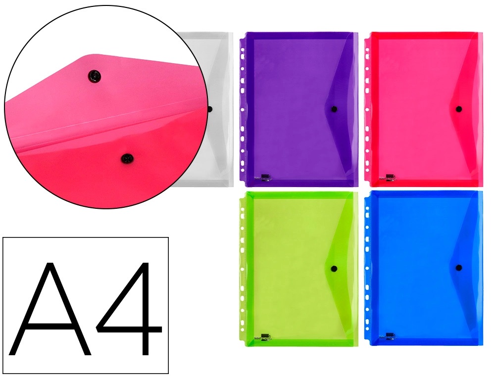 SOBRE PP CON 16 TALADROS A4 PACK DE 5 UNIDADES COLORES SURTIDOS LIDERPAPEL REF: 32857