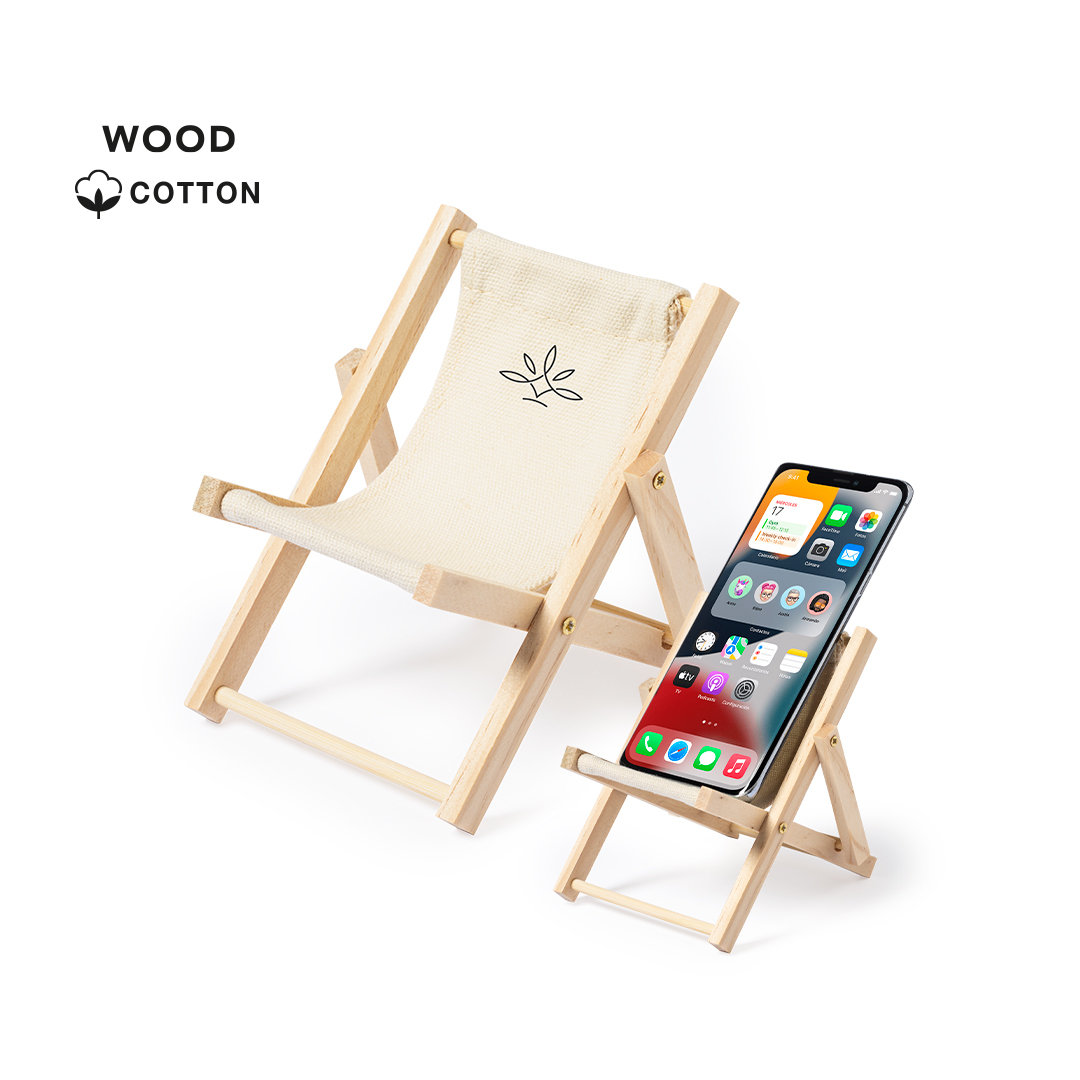 SOPORTE MOVIL SMARTPHONE FORMA SILLA EN ALGODON NATURAL Y MADERA 12.3X10.1X11CM