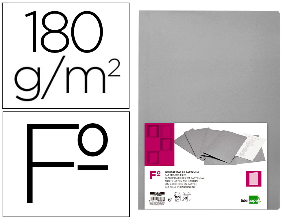 SUBCARPETA LIDERPAPEL FOLIO GRIS 180G ****PAQUETE DE 50 UNIDADES**** REF:67867