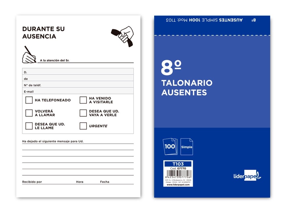 TALONARIO ATENCION LLAMADAS TELEFONICAS AUSENTE OCTAVO ORIGINAL