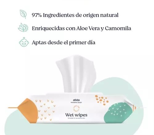 TOALLITAS BEBE DERMOPORTECTORAS LIMPIADORAS EMBASE DE 80 TOALLITAS - 97% INGREDIENTES DE ORIGEN NATURAL - APTAS PARA BEBES