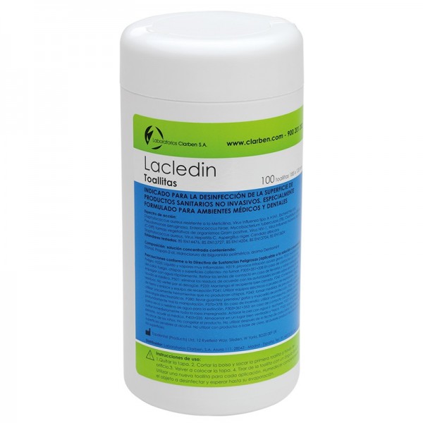 TOALLITAS DESINFECTANTES LACLEDIN CON SOLUCION BACTERICIDAD, FUNGICIDA Y VIRICIDA PARA DESINFECCION DE MANOS Y SUPERFICIES BOTE CON 100 TOALLITAS