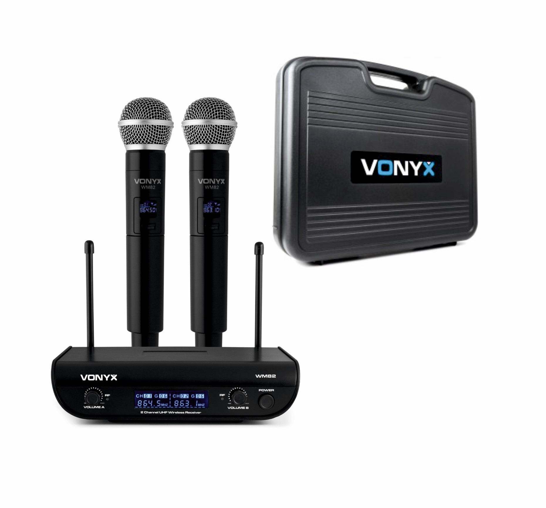 WM82 Microfono inalambrico digital UHF 2 canales con 2 micros de mano